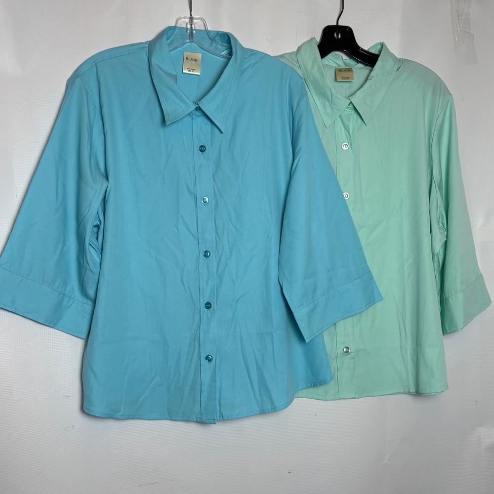 Lot of 2 Vintage Blair Women 2XL Button Front 3/4 Sleeve Shirt Blue Mint Green